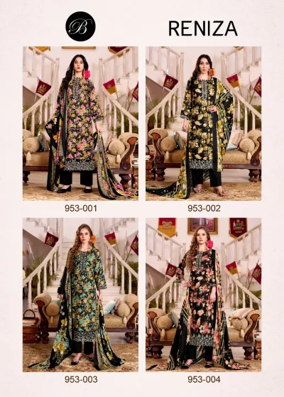 Belliza Reniza: A catalog collage displaying four variations of the black floral printed salwar suit collection with thread work.