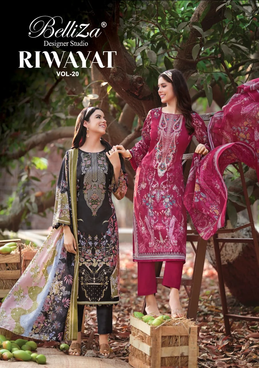Belliza Riwayat Vol 20, catalog cover featuring two women wearing printed and embroidered salwar suits in black and maroon.