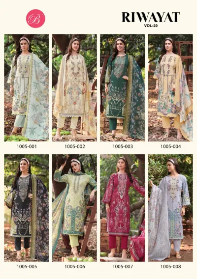 Belliza Riwayat Vol 20, catalog collage showing eight different salwar suit designs in various colors with floral prints and thread work.