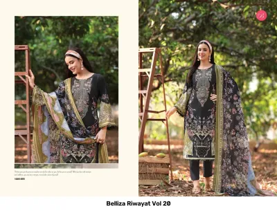 Belliza Riwayat Vol 20, black printed salwar suit with floral details, intricate thread work on the chest, and a patterned dupatta.