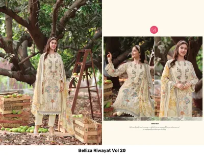Belliza Riwayat Vol 20, light cream printed salwar suit with floral motifs and thread work embroidery, paired with a matching printed dupatta.