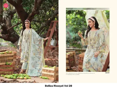 Belliza Riwayat Vol 20, light mint green printed salwar suit with floral designs and subtle thread work, paired with a printed dupatta.