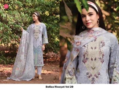 Belliza Riwayat Vol 20, light grey salwar suit featuring detailed floral prints, delicate thread work embroidery, and a matching printed dupatta.