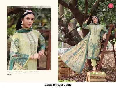 Belliza Riwayat Vol 20, light green printed salwar suit with floral accents, thread work on the kurti, and a coordinating printed dupatta.