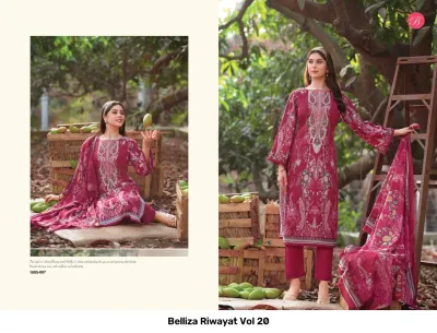 Belliza Riwayat Vol 20, maroon salwar suit with floral prints, thread work embroidery on the bodice, and a matching printed dupatta.