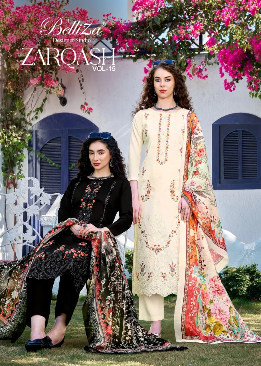 Belliza Zarqash Vol 15 catalog cover featuring multiple models wearing embroidered salwar suits with printed dupattas.