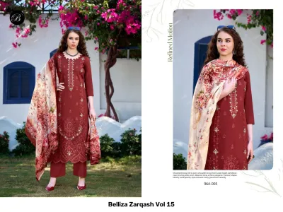 Belliza Zarqash Vol 15 maroon salwar suit with thread work embroidery and a printed floral dupatta.