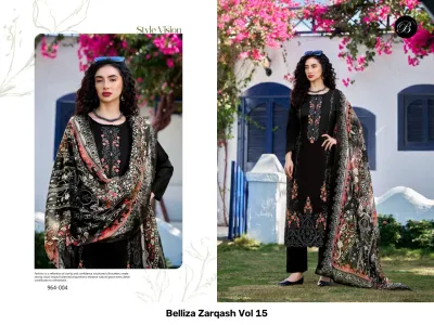 Belliza Zarqash Vol 15 black salwar suit with detailed thread work embellishments and a matching printed dupatta.