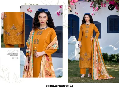 Belliza Zarqash Vol 15 mustard yellow salwar suit with delicate thread work embroidery and a vibrant printed dupatta.