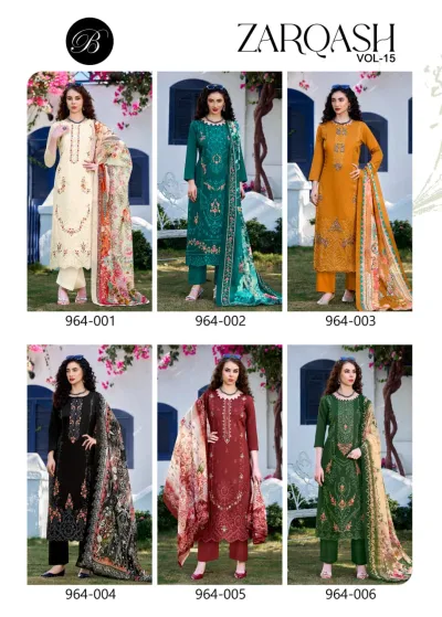 Belliza Zarqash Vol 15 catalog collage displaying six different embroidered salwar suit designs in various colors with printed dupattas.