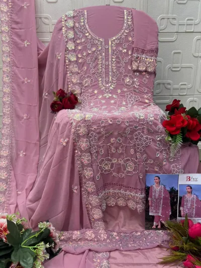 Bilqis B 160 U 1 To X 1: mauve georgette salwar suit with heavy floral thread work, bead embellishments, and matching dupatta.
