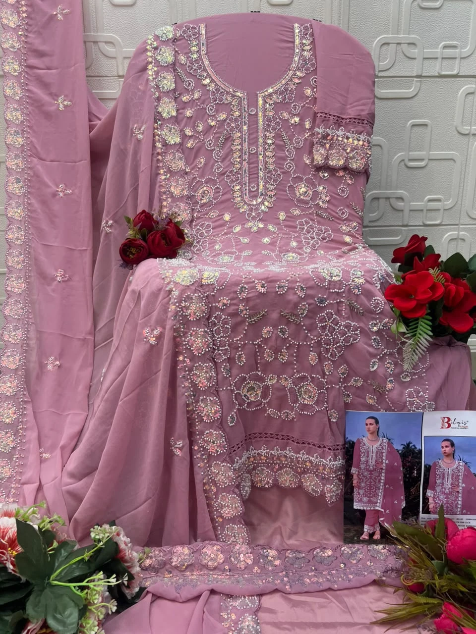 Bilqis B 160 U 1 To X 1: mauve georgette salwar suit with heavy floral thread work, bead embellishments, and matching dupatta.