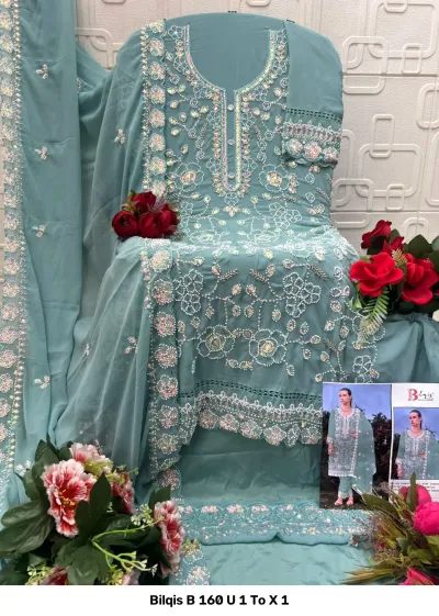 Bilqis B 160 U 1 To X 1: blue-grey georgette salwar suit with heavy floral thread work, bead embellishments, and matching dupatta.