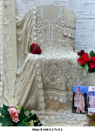 Bilqis B 160 U 1 To X 1: beige georgette salwar suit with heavy floral thread work, bead embellishments, and matching dupatta.