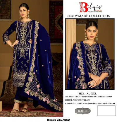 Bilqis B 211 D: Navy blue velvet Pakistani suit with heavy embroidery, khatli work, lace-trimmed trousers, and an embroidered velvet dupatta.