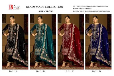 Bilqis B 211 ABCD: Catalog cover showing four Pakistani suits in black, teal, maroon, and navy velvet, featuring embroidery and lace detailing.
