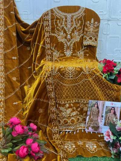 Bilqis B 234 ABCD mustard yellow velvet salwar suit featuring heavy thread work, zari embroidery, and matching dupatta with detailed embellishments.