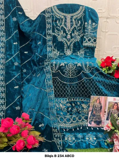 Bilqis B 234 ABCD teal blue velvet salwar suit featuring heavy thread work, zari embroidery, and matching dupatta with detailed embellishments.