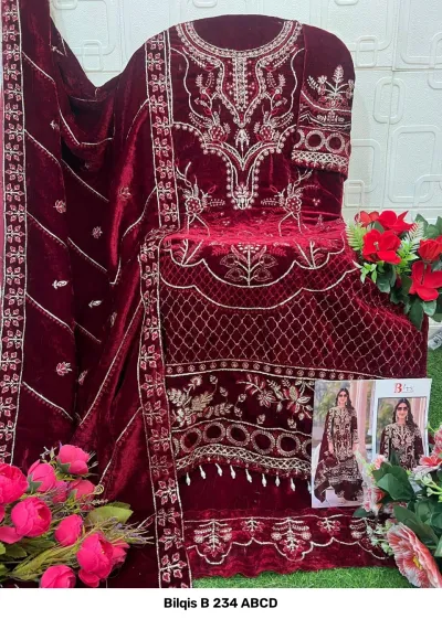 Bilqis B 234 ABCD deep maroon velvet salwar suit featuring heavy thread work, zari embroidery, and matching dupatta with detailed embellishments.