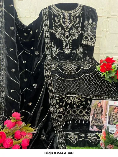 Bilqis B 234 ABCD black velvet salwar suit featuring heavy thread work, zari embroidery, and matching dupatta with detailed embellishments.
