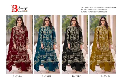 Bilqis B 234 ABCD catalog collage displaying the maroon, teal, black, and mustard velvet salwar suit sets with heavy embroidery.