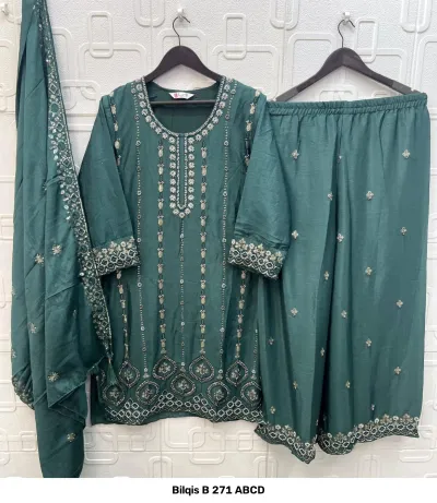 Bilqis B 271 ABCD: A dark teal salwar suit including a kurta, palazzo, and dupatta, decorated with intricate silver thread work and beaded embellishments.