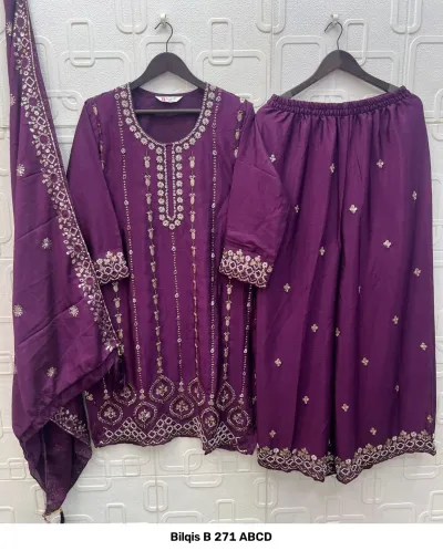 Bilqis B 271 ABCD: A purple salwar suit set featuring a kurta, matching palazzo, and dupatta with detailed silver thread work and beaded border embellishments.