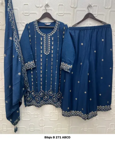 Bilqis B 271 ABCD: A blue salwar suit set consisting of a kurta, palazzo, and dupatta with silver thread embroidery and beaded embellishments throughout.