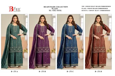 Bilqis B 271 ABCD: A catalog collage showing four models wearing the same Pakistani-style salwar suit design in teal, purple, blue, and rust colors.