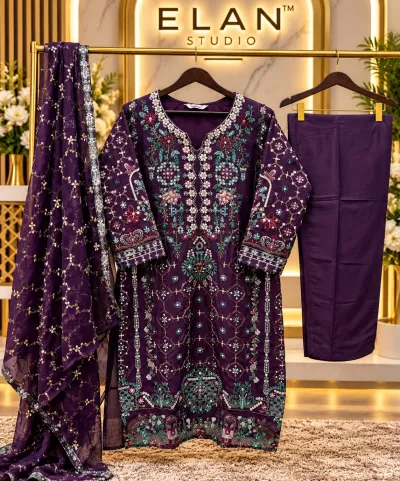 Bilqis B 287 ABCD purple salwar suit with chiffon kameez, intricate thread and sequin embroidery, and matching embroidered dupatta.