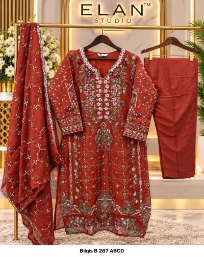 Bilqis B 287 ABCD rust-colored salwar suit featuring a chiffon kameez with detailed floral embroidery, sequins, and matching dupatta.