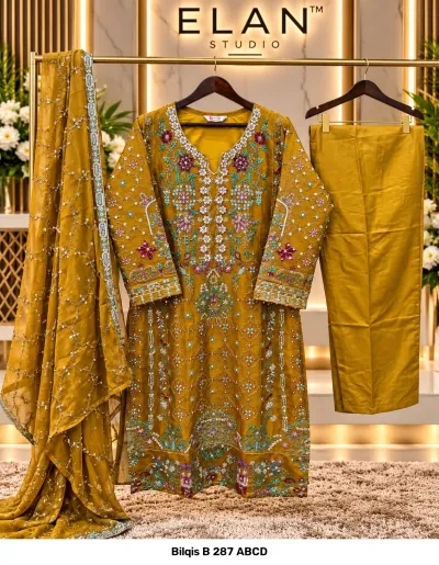 Bilqis B 287 ABCD mustard yellow salwar suit with heavily embroidered chiffon kameez, sequin embellishments, and coordinated chiffon dupatta.