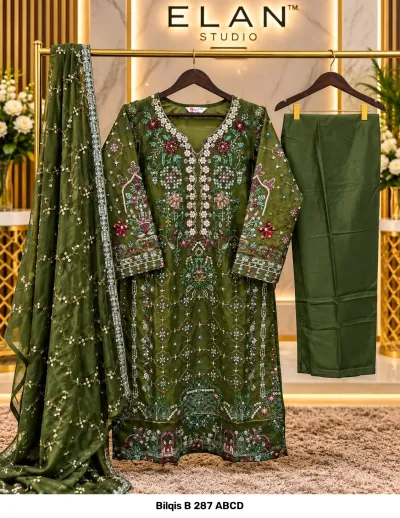 Bilqis B 287 ABCD olive green salwar suit comprising a chiffon kameez with rich thread work, embellishments, and matching embroidered dupatta.