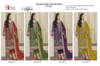 Bilqis B 287 ABCD catalog collage showcasing four variations of embroidered Pakistani salwar suits in different colors with chiffon dupattas.