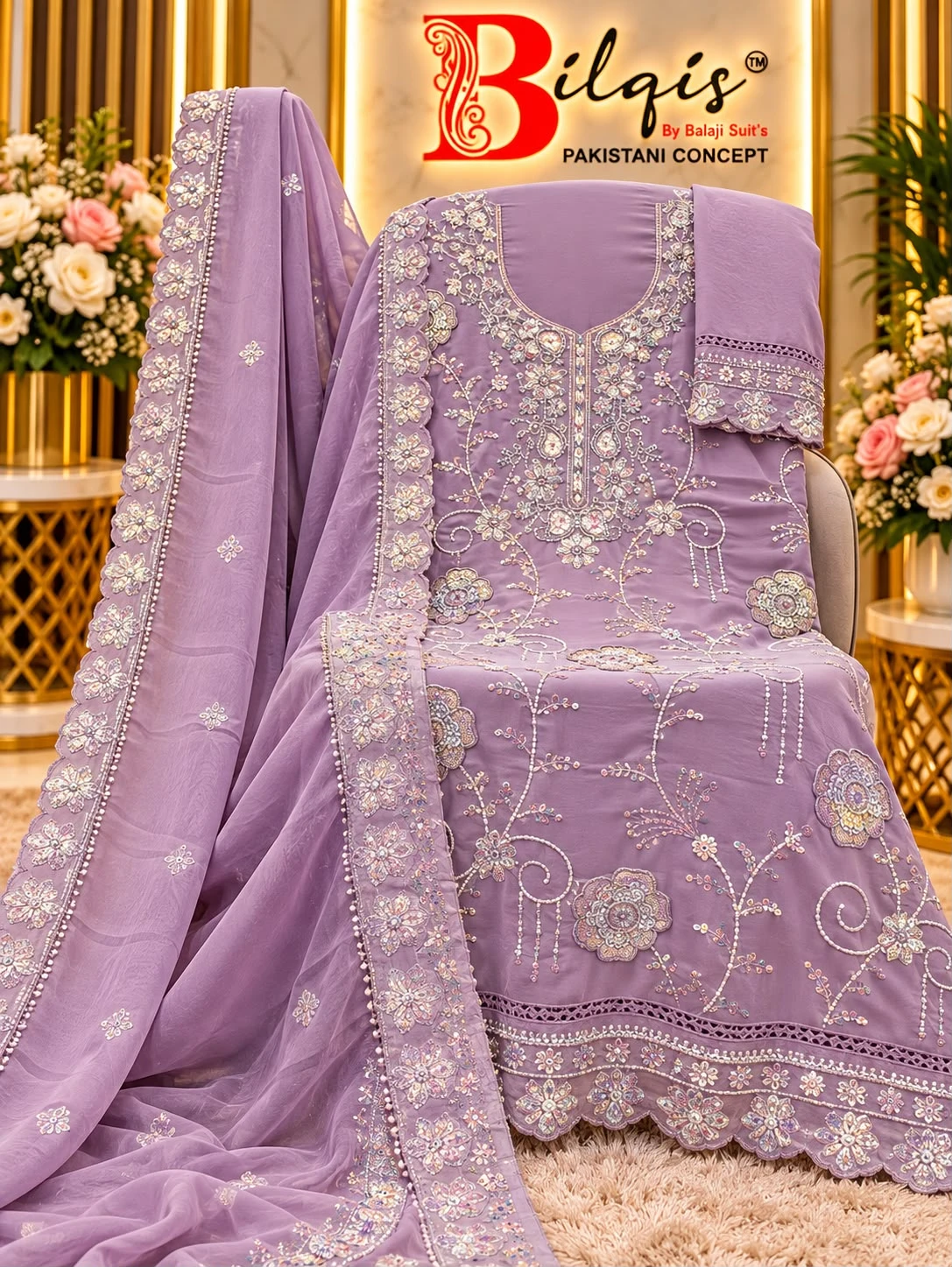 Bilqis B 292 ABCD: Lavender salwar suit with heavy floral beadwork embroidery and matching dupatta with scalloped borders.