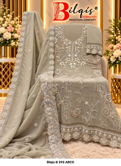 Bilqis B 292 ABCD: Grey salwar suit featuring heavy floral beadwork embroidery and matching dupatta with scalloped borders.