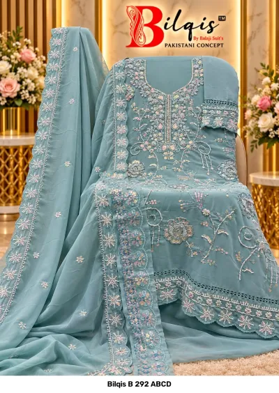 Bilqis B 292 ABCD: Light blue salwar suit featuring heavy floral beadwork embroidery and matching dupatta with scalloped borders.