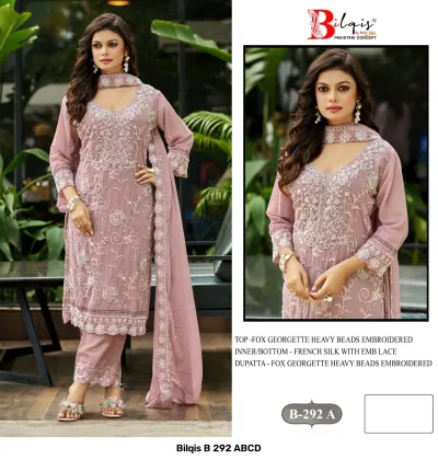 Bilqis B 292 ABCD: Model wearing a dusty rose georgette salwar suit with heavy floral beadwork embroidery.