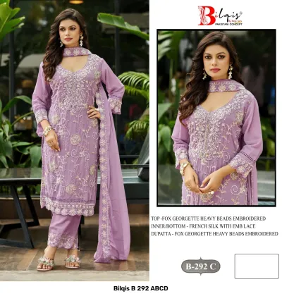 Bilqis B 292 ABCD: Model wearing a light lavender georgette salwar suit with heavy floral beadwork embroidery.