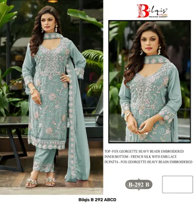 Bilqis B 292 ABCD: Model wearing a light blue georgette salwar suit with heavy floral beadwork embroidery.