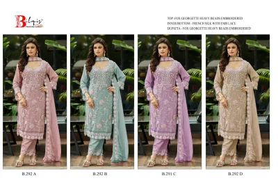 Bilqis B 292 ABCD: Catalog collage showcasing all four color variants of the embroidered georgette salwar suit collection.