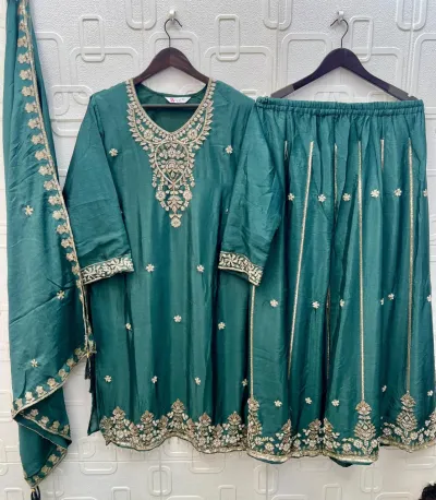 Bilqis Russian Plazo B 270 ABCD teal green salwar suit with palazzo, featuring heavy thread and zari embroidery on kurti and dupatta hem.