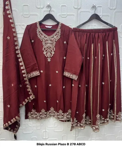 Bilqis Russian Plazo B 270 ABCD maroon salwar suit with palazzo pants, highlighting intricate zari work embroidery on the kurti and dupatta borders.