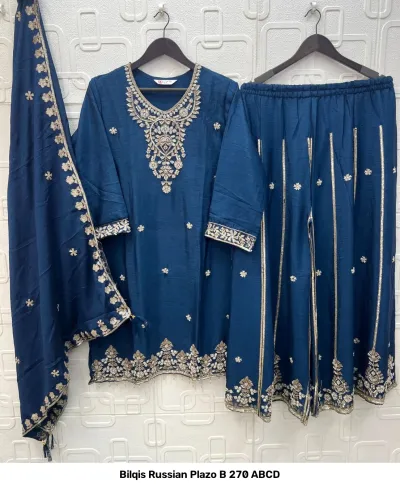 Bilqis Russian Plazo B 270 ABCD dark blue salwar suit set, featuring detailed zari and thread embroidery on the kurti, palazzo, and matching dupatta.