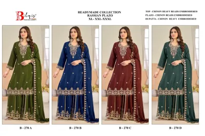 Bilqis Russian Plazo B 270 ABCD catalog collage showing four color variants of the embroidered salwar suit set with palazzo pants and dupatta.
