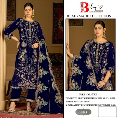 Bilqis Velvet Readymade Collection B 212 ABCD: Blue velvet salwar suit featuring heavy floral embroidery, thread work, and lace-trimmed hem.