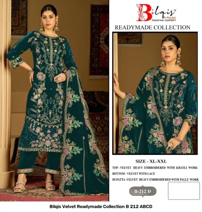 Bilqis Velvet Readymade Collection B 212 ABCD: Teal green velvet salwar suit featuring heavy floral embroidery, thread work, and lace-trimmed hem.