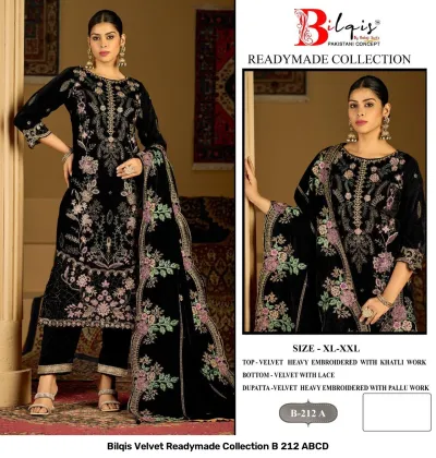 Bilqis Velvet Readymade Collection B 212 ABCD: Black velvet salwar suit featuring heavy floral embroidery, thread work, and lace-trimmed hem.
