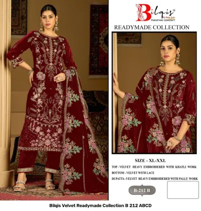 Bilqis Velvet Readymade Collection B 212 ABCD: Maroon velvet salwar suit featuring heavy floral embroidery, thread work, and lace-trimmed hem.