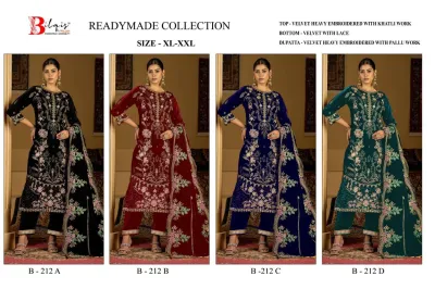 Bilqis Velvet Readymade Collection B 212 ABCD: Catalog collage showcasing four velvet salwar suit color variants with heavy embroidery.